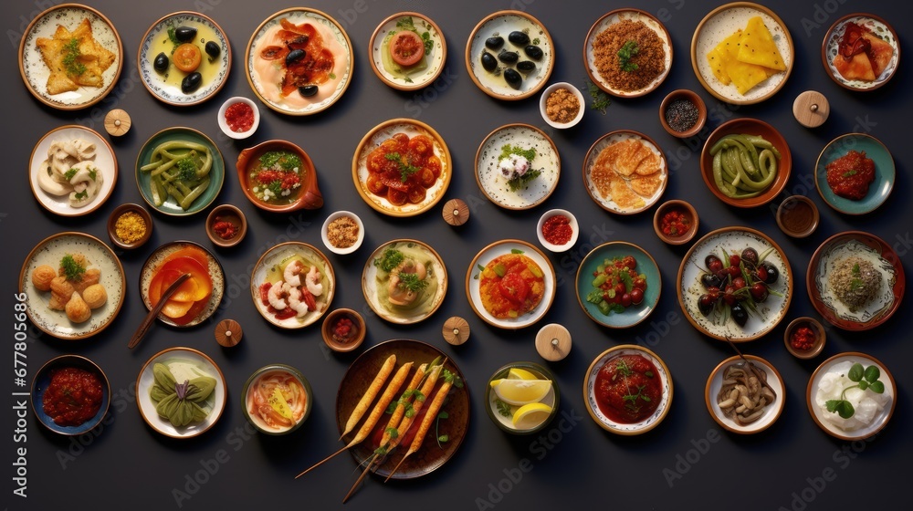Poster a table topped with lots of different types of plates filled with different types of food on top of 