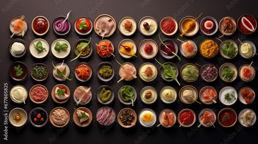 Poster a table topped with bowls filled with different types of food next to a wall of bowls filled with di