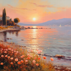 Idyllic Serenity: A Mediterranean Sunset - obrazy, fototapety, plakaty