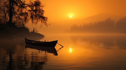  a small boat floating on top of a body of water under a bright orange sky with the sun in the distance.