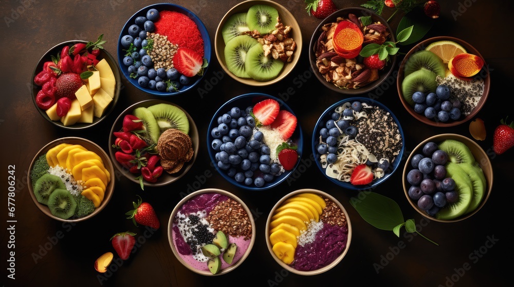 Poster a table topped with bowls filled with different types of fruits and veggies on top of a wooden table
