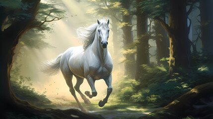 A horse running through a forest with trees in the background and a light shining on the horse's back