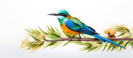 The beautiful bird with colorful feathers stands out against the white background its vibrant blue and green colors reflecting the beauty of nature and the surrounding park