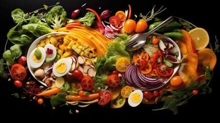 Naklejka premium a bowl filled with lots of different types of fruits and vegetables next to an egg on top of lettuce.