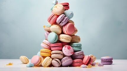Obraz premium a pile of macaroons sitting on top of each other on top of a table next to a blue wall.