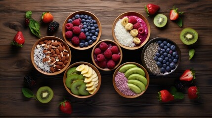  a table topped with bowls filled with different types of fruits and veggies on top of a wooden table.