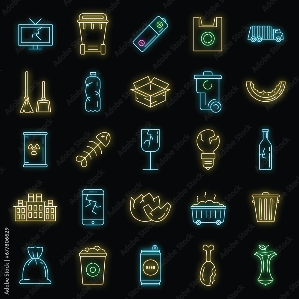 Poster garbage rubbish icons set. outline set of garbage rubbish vector icons neon color on black