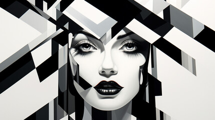Illustration d'un visage de femme avec des motifs en noir et blanc. Féminin, élégant, lignes. Arrière-plan et fond pour conception et création graphique.