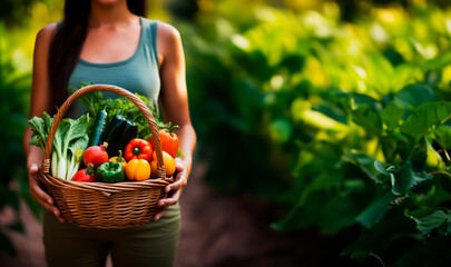 Close-up of a woman holding a basket with vibrant, assorted, garden-fresh vegetables.
