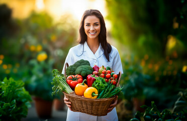 Nutrition expert with basket of colorful vegetables, promoting health.
