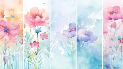  a set of four watercolor flowers on a blue, pink, yellow and green background with a splash of paint.