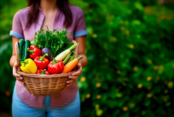 Close-up of a woman holding a basket with vibrant, assorted, garden-fresh vegetables.
