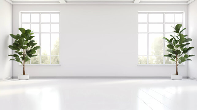A large empty room with a lot of windows and a plant in the middle of the room with a lot of white tables
