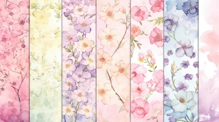  a bunch of flowers that are painted in different shades of pink, blue, yellow, green, and purple.
