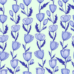Tulips flower, hand drawn blue ink spring floral background seamless pattern for textile, blue flower background