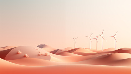 Minimalistic wallpaper. Wind turbines in the desert. Concept for renewable wind energy.