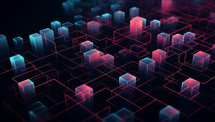 Minimalistic wallpaper. 3D blocks connected to each other. Information Technology and Blockchain concept. 