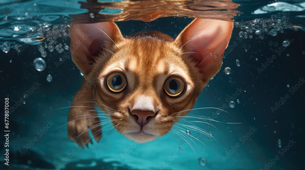 Poster a close up of a cat's face in the water with bubbles on the bottom of the water and on the bottom of