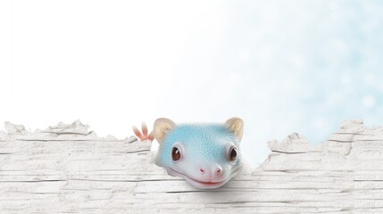  a blue and white gecko peeking out of a crack in a white brick wall with a blue sky in the background and a light blue sky in the background.