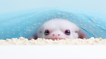  a close up of a small white animal under a blue umbrella with white dots on it's face and a blue body of water behind it's head.