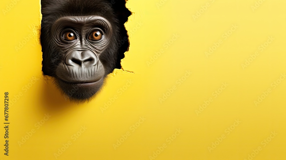 Aufkleber a monkey's head peeking out of a hole in a yellow wall with the background of the image of a monkey'