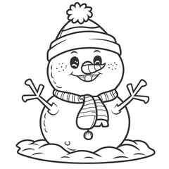 snowman with a Santa Claus hat _ a snowman with Christmas tree _ outline artwork _ funny cartoon _ vector illustration 