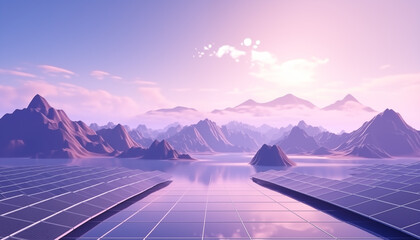 Minimalistic wallpaper. Futuristic solar panels with beautiful landscape. Concept for renewable green energy and photovoltaic solar power. 
