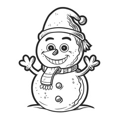 snowman with hat _ very cute cartoon Christmas snowman with a beautiful smile without tongue, coloring book, black and white, empty background