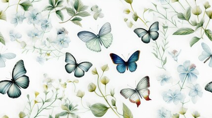  a group of butterflies flying over a field of flowers on a white background with blue, green and white flowers. - obrazy, fototapety, plakaty