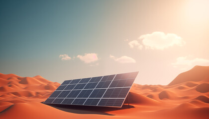 Minimalistic wallpaper. Futuristic solar panels in the desert. Concept for renewable and green energy and photovoltaic solar power. 