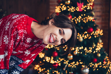 Photo of crazy cheerful person showing tongue christmastime evergreen tree lights decoration house...