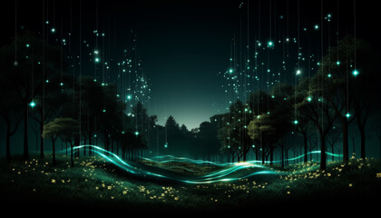Fantastic forest at night with stream of glowing fog and fireflies. Blue and green color scheme. 