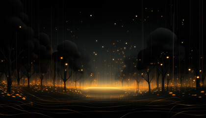 Fantastic forest at night with glowing orange fireflies. AI-generated fantasy landscape. 