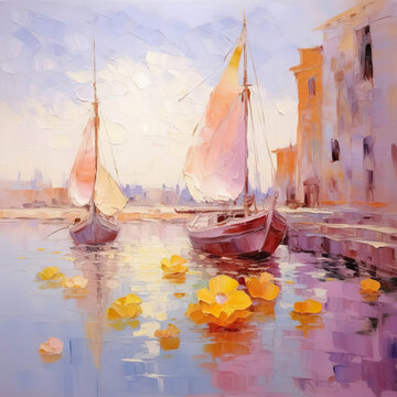Serene Reflections: A Sailboat in a Pastel Harbor