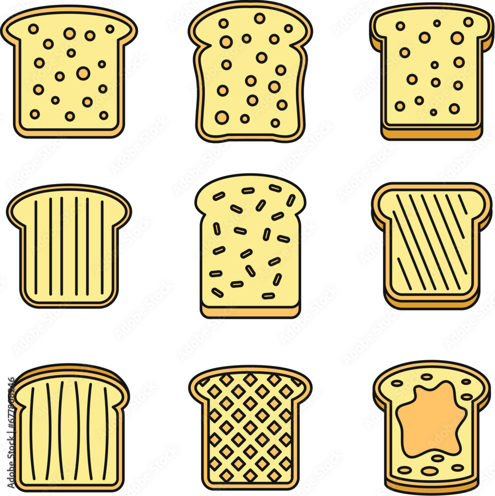 Poster toast butter icons set. outline set of toast butter vector icons thin line color flat on white