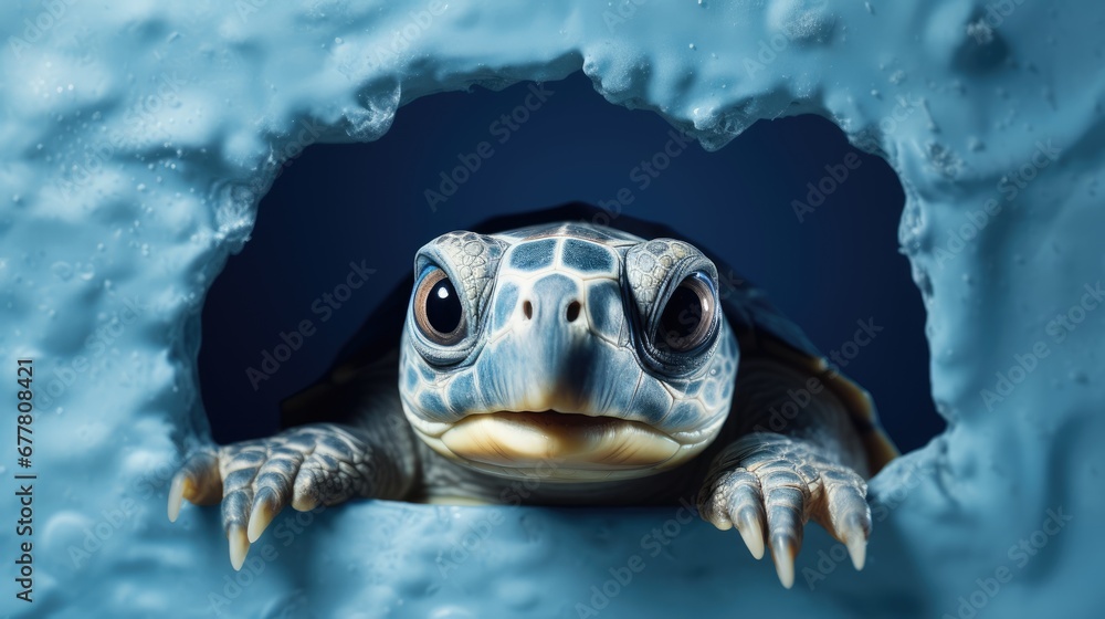 Poster a close up of a turtle poking its head out of a hole in a blue ice - like structure with water dropl