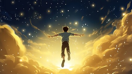 young man fly in night sky under space full of star, over cloud with yellow glow light, beautiful , Ai Generated