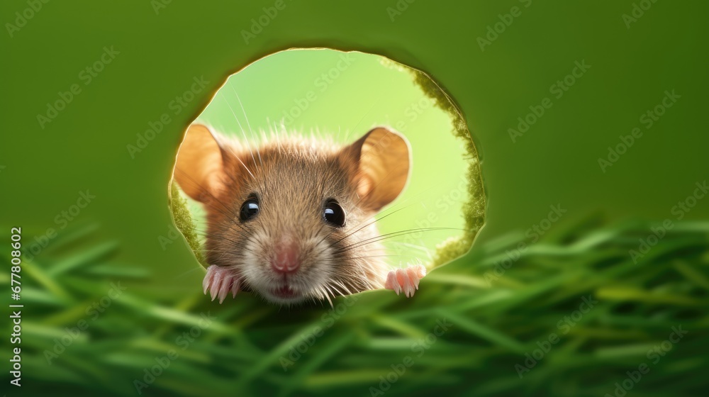 Poster a close up of a mouse peeking out of a hole in a grass field with a background of green grass and a 