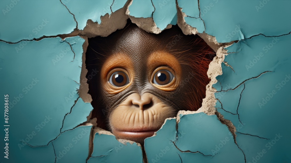 Poster a close up of a monkey looking out of a crack in a wall with a hole in the middle of the wall and a 