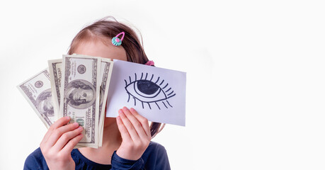 Conceptual image of young girl holding US Dollar money and banner with open eye as symbol: money...