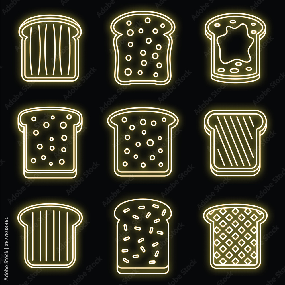 Poster toast butter icons set. outline set of toast butter vector icons neon color on black