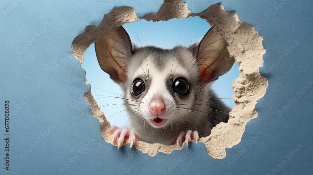 Poster a close up of a rat looking through a hole in a wall with a hole in the middle of it that has a hole