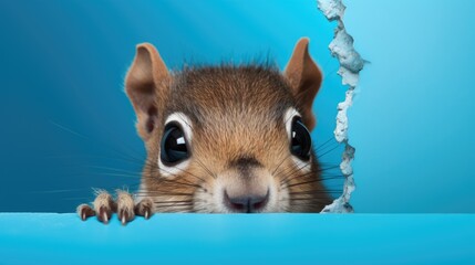  a close up of a small animal peeking out of a hole in a blue background with a hole in the middle that has a hole in the middle of it.