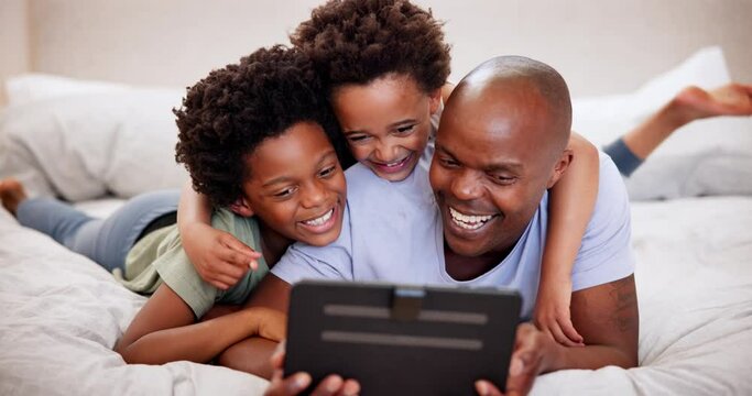 Father, smile and black children on tablet in bedroom, learning or watch cartoon on internet. African kids, tech and dad on bed, website app and family together, relax or talk on social media in home