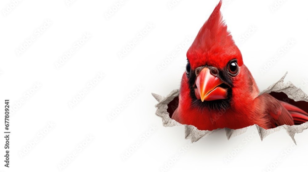 Aufkleber a close up of a red bird with a hole in it's side and a white background with a hole in it's side an