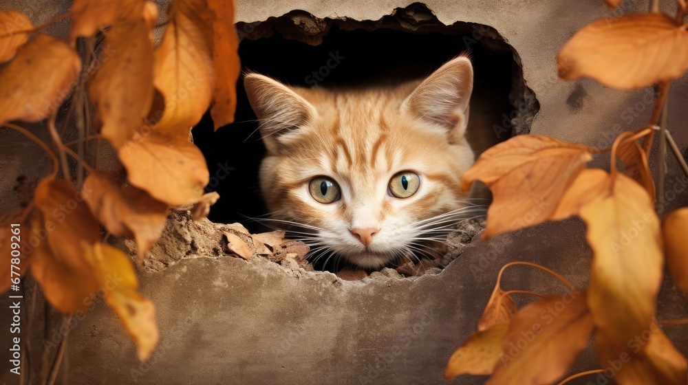 Aufkleber a close up of a cat peeking out of a hole in a wall with leaves on the ground and a tree in front of