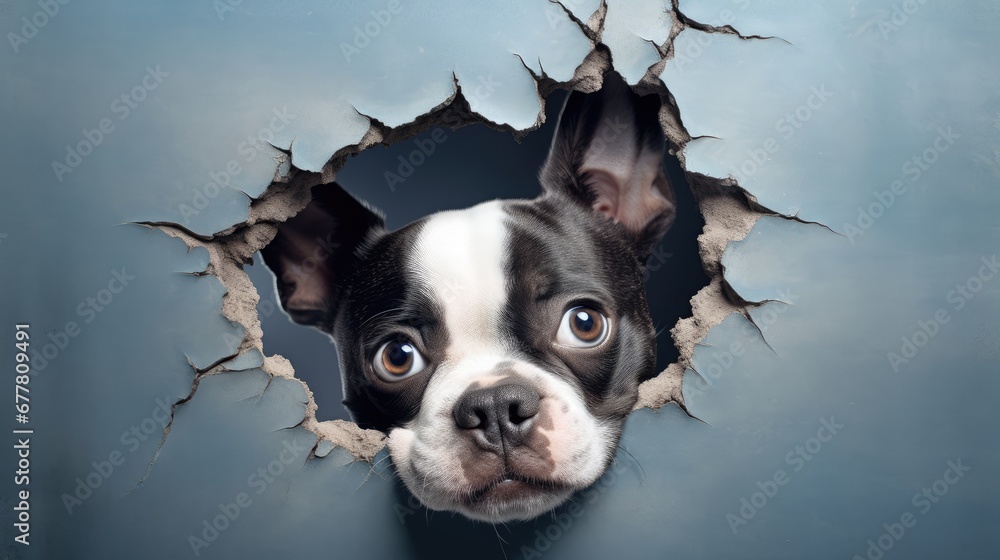 Aufkleber a black and white dog looking through a hole in a wall with a hole in the middle of it that has been