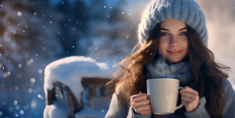 Cute young woman with long hair holding a cup of hot drink against winter landscape background. Selective focus photo generative