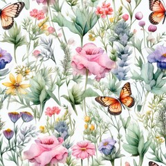  a watercolor painting of a bunch of flowers with a butterfly on the top of the flowers and the bottom of the flowers.