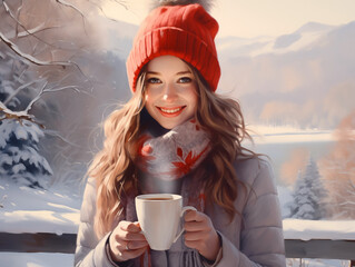 Cute young woman with long hair holding a cup of hot drink against winter landscape background. Illustration generative